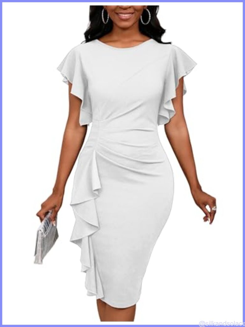 Women's Ruffle Sleeve Bodycon Pencil Midi Dress Crew Neck Work Church Dress